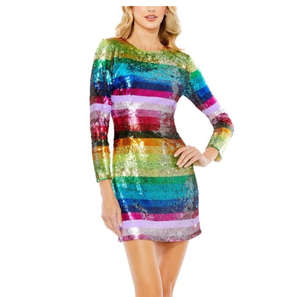 NWT Mac Duggal Women's Rainbow Striped Sequined Long Sleeve Mini Dress Size 8